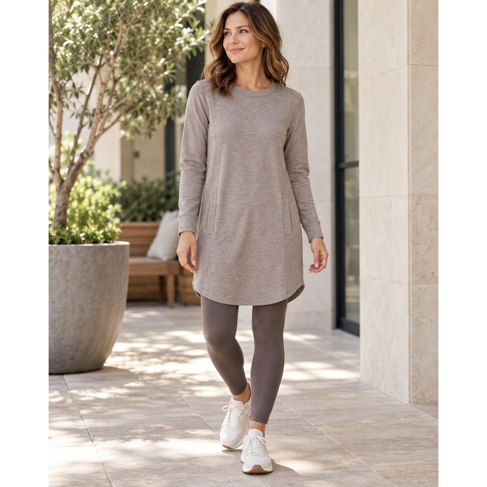 Athleta Sweatshirt Dress Womens Large Brown Heathered Tencel Long Sleeve Pockets
